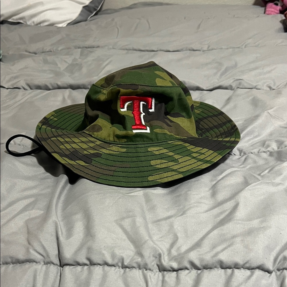 Texas Rangers 47 Brand Camo Bucket Hat with Red Logo